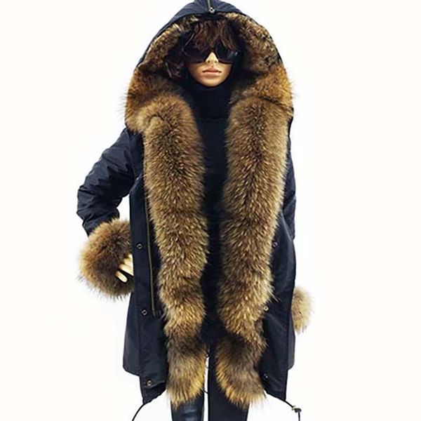 

women's fur & faux brand 2021 real coat long parka winter jacket women liner natural raccoon collar streetwear, Black