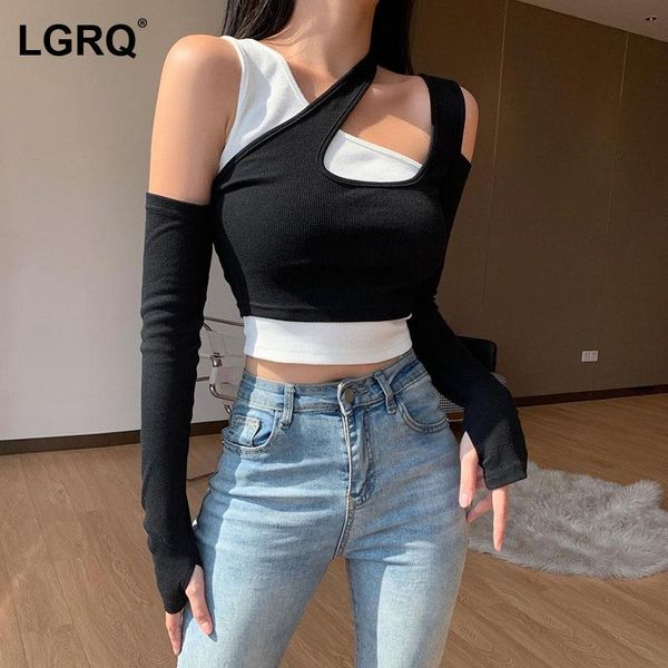 

[lgrq] women black patchwork sheath short t-shirt asymmetrical neck long sleeve fashion tide spring autumn 2021 19d639 women's, White