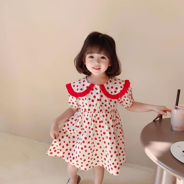 

summer baby girls cute dot printed trun-down collar princess dresses 2021 fashion short sleeve casual dress girl's, Red;yellow