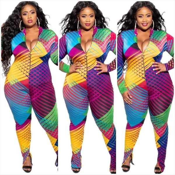 

plus size one piece womens jumpsuits long sleeve clothing geometric print multi color zipper turtleneck skinny, Black;white