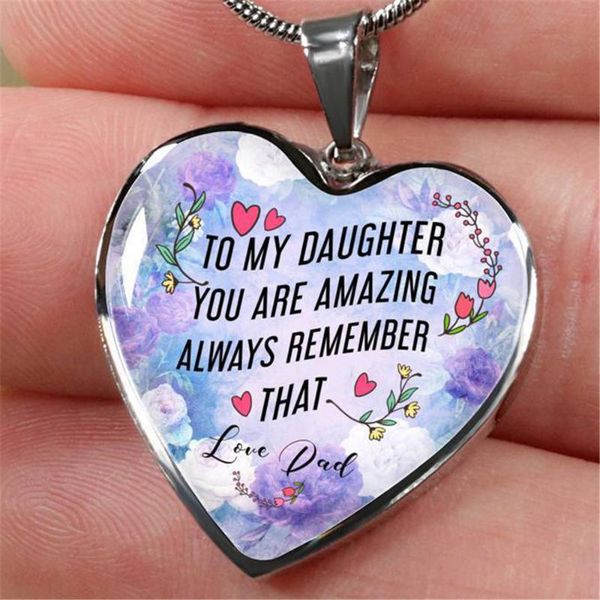 

women girls heart pendant necklace letter to my doughter you are amazing always remrmber that love dad jewelry gift necklaces, Silver