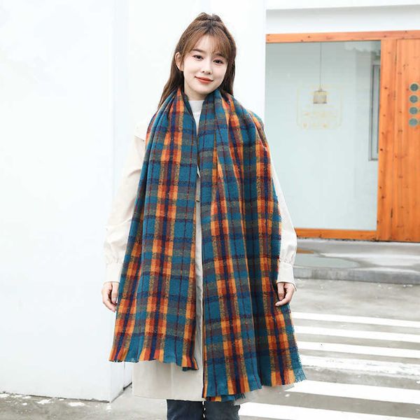 

plaid scarf warm women's shawl imitation cashmere autumn and winter 2021 large scarf, Blue;gray