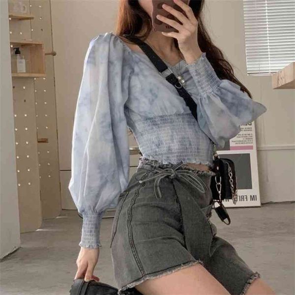 

tie-dyed shirt female design sense niche long-sleeved spring bubble sleeve short thin v-neck waist 210529, White