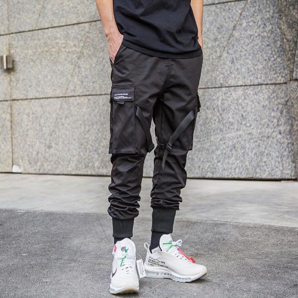 

good quality men black ribbons multi pockets cargo pants street punk hip hop joggers man vintage slim tactical sweatpants men's