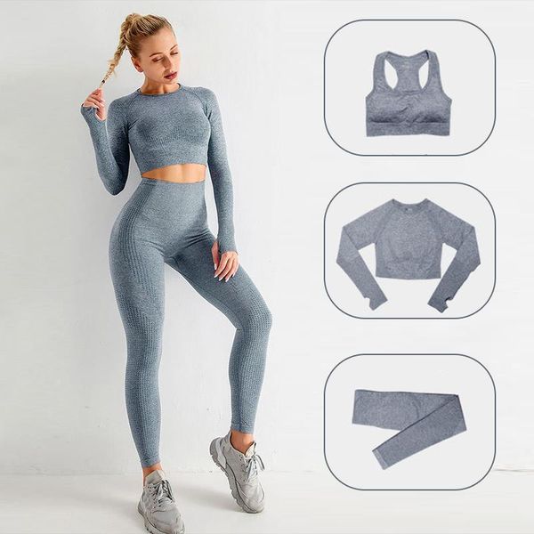 

athvotar tracksuit two piece women tracksuits set long sleeve crop high waist pants seamless v neck sport, Gray