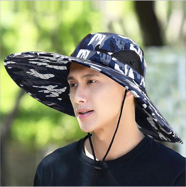 

wide brim hats men's and women's sun outdoor sunscreen camouflage oversized eaves breathable fisherman cap climbing hat, Blue;gray