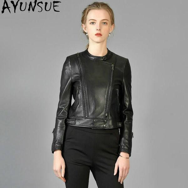 

women's leather & faux ayunaue 2021 jacket spring autumn real genuine women short motorcycle slim fit v16105, Black