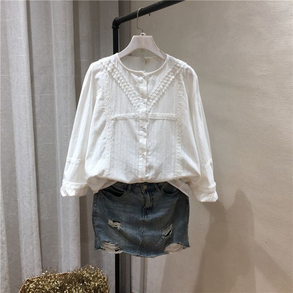 

women's blouses & shirts lamtrip unique lolita lace patchwork korean lady white single breasted cotton embroidery long sleeve shir