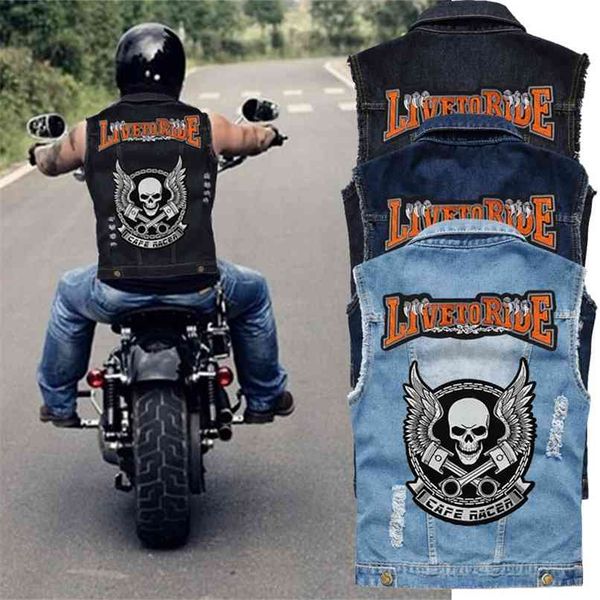 

men biker jackets vest solid color leather punk motorcycle embroidery skull short coats 210923, Black;white