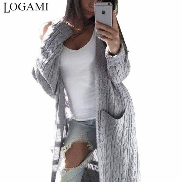 LOGAMI Strickjacke Mantel Damen Taschen Pullover Lange Frauen Warm Dick Gestrickte Weibliche Winter 210907