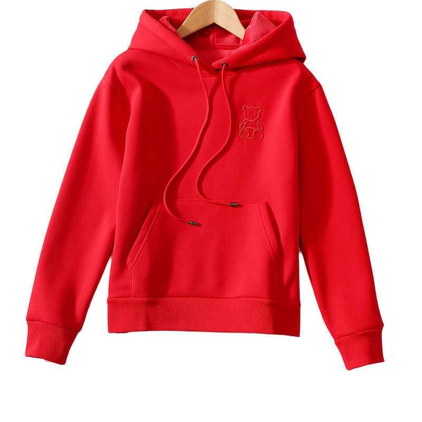 

fashion fleece hoodies e15 trend out of the street leisure left chest bear embroidery hooded small loose plush sweater, Black