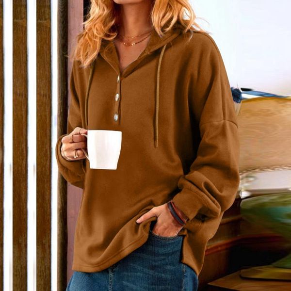

women's hoodies & sweatshirts brand button v neck pullover women autumn winter casual drawstring loose long sleeve hoodie solid brown h, Black