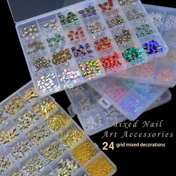 24 Izgaralar Karışık Stil Nail Art Süslemeleri Glitter 3D Rhinestones AB Düz Geri Parlak Taşlar Çiviler Taşlar Kristal Zirkon Boncuk