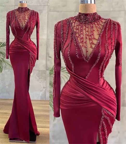 

2022 dark red crystals mermaid evening dresses side slit high neck satin ruffles long sleeves custom made plus size formal prom party gown w, Black;red