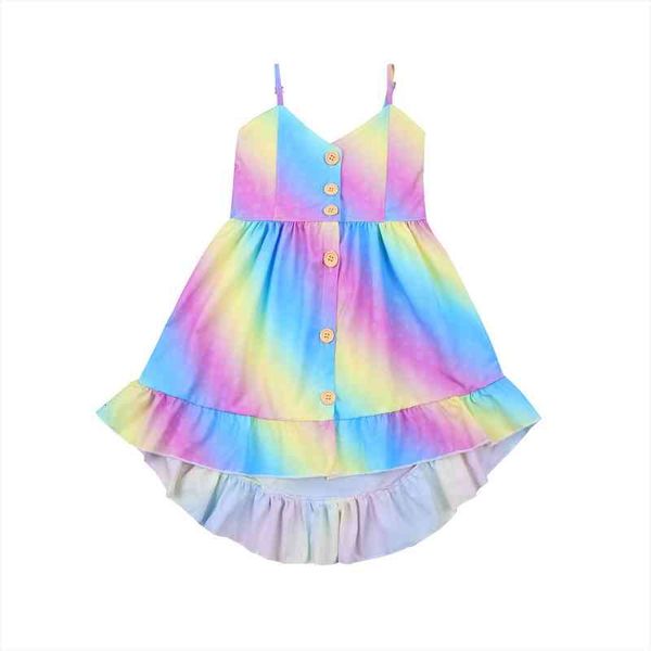 

summer kids baby girls rainbow girl dress printing sleeveless button adjustable spaghetti straps ruffled hem tie dye clothes, Red;yellow