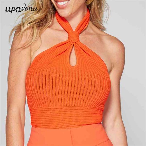 

chic open back knit crop women's halter sleeveless hollow fashion contrast color 210524, White