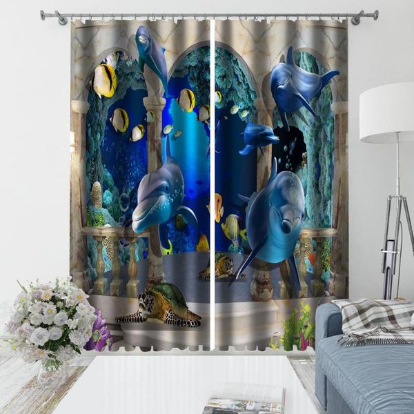 

custom 3d curtain fabric blue ocean dolphin curtains stereoscopic & drapes