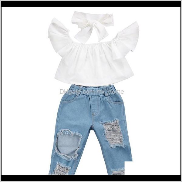 Устанавливает Детское Детское Девушка для беременных Доставка 2021 Мода Детские Девушки Одежда Одежда на плечах Топы Белая дырка Джинсовые Брюки Джин-оголовье 3 шт.