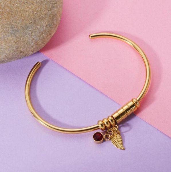 

bangle 1pcs birthstone feather c cuff open bangles mirror polish stainless steel for women's fashion bracelets jewelry, Black