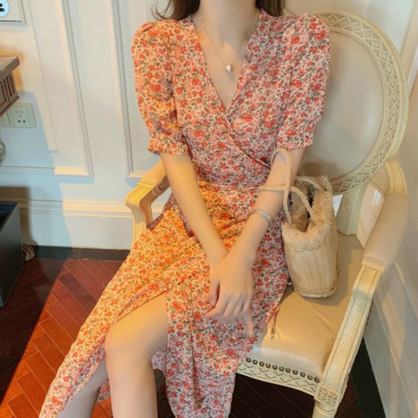 

nijiuding bandage dress summer party chiffon v-neck flower high waist was thin printed outdoor 210423, Black;gray