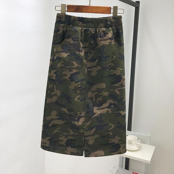 

midi medium and long women skirt elastic high waist camouflage button harajuku casual army style pockets a line clothes, Black