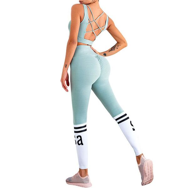 

yoga clothing suit cross backless hollow high waist peach buttocks letter pants two piece set women dresy damskie outfit