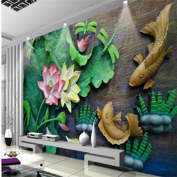 

wallpapers 3d lotus background wall relief painting murals wallpaper for living room
