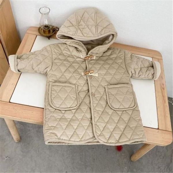 

down coat winter children's mid-length corduroy quilted cotton plus velvet for boys and girls baby hooded horn button, Blue;gray