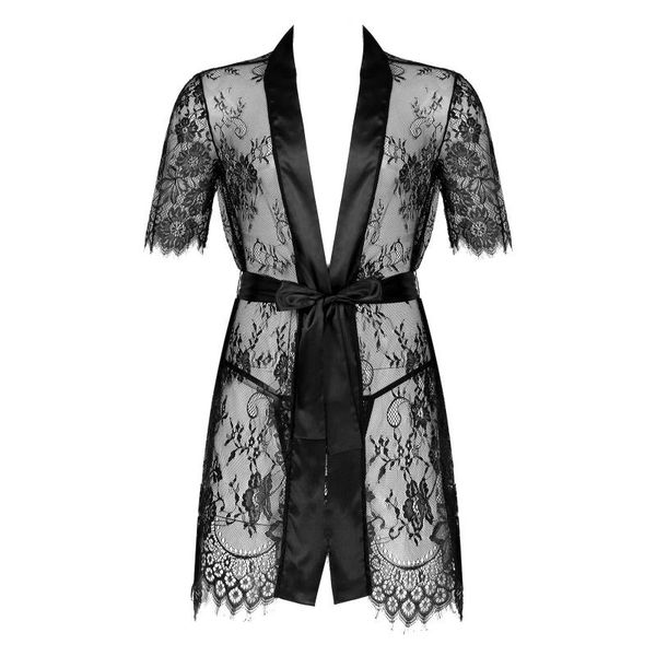 

men's sleepwear mens sissy kimono see-through floral lace scalloped hem robe nightwear short sleeve bathrobe with g-string underwear be, Black;brown