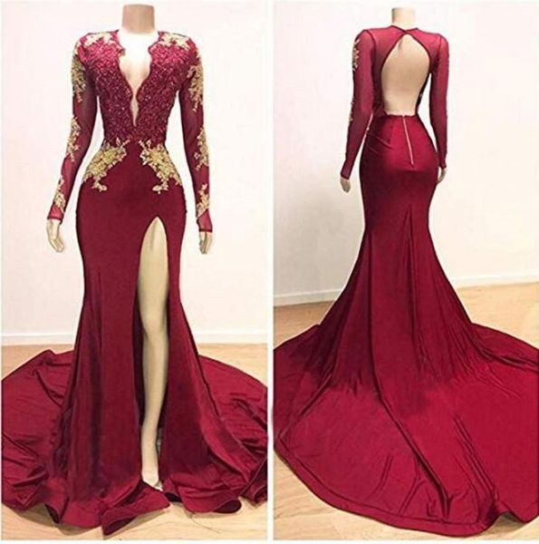 

side split gold appliques satin mermaid prom dresses with long sleeves elegant formal evening party gowns, White;black