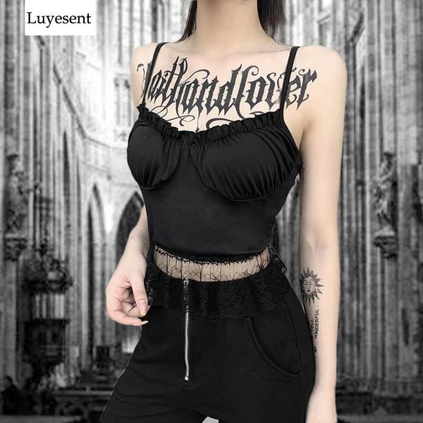 

women's tanks & camis black goth woman lace patchwork 2021 lady strap pleated backless camisole deep v neck outdoor hipster basic cool, White
