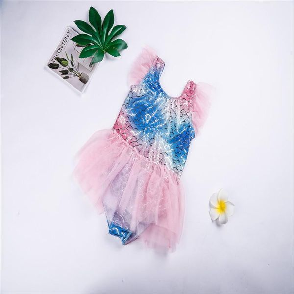 

kids one-piece swimsuits girls fish scale print round neck sleeve bathing suit for summer, pink/blue one-pieces, Black