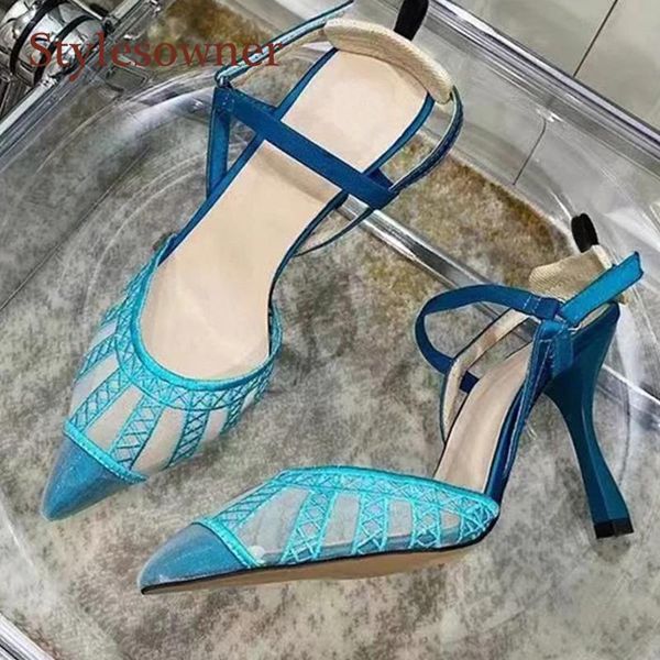 

summer blue embroidery mesh high heels pointed stiletto lace nightclub party banquet wedding heel sandals women dress shoes, Black