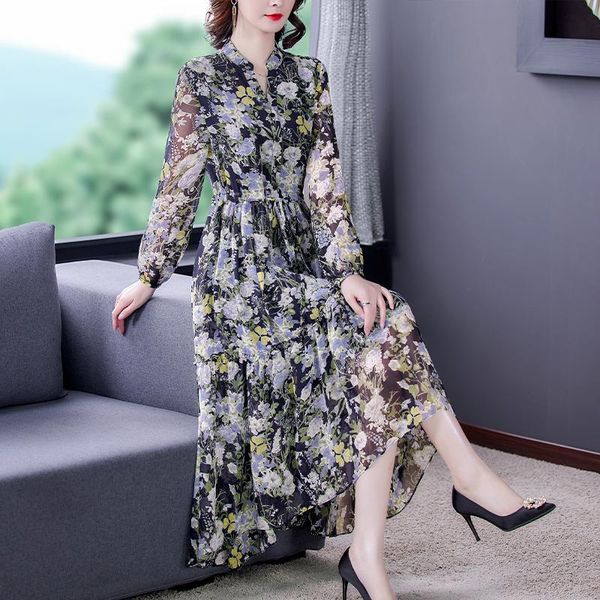 

casual dresses women elegant floral chiffon beach maxi dress 2021 spring vintage print plus size midi long sleeve bodycon party vestidos, Black;gray