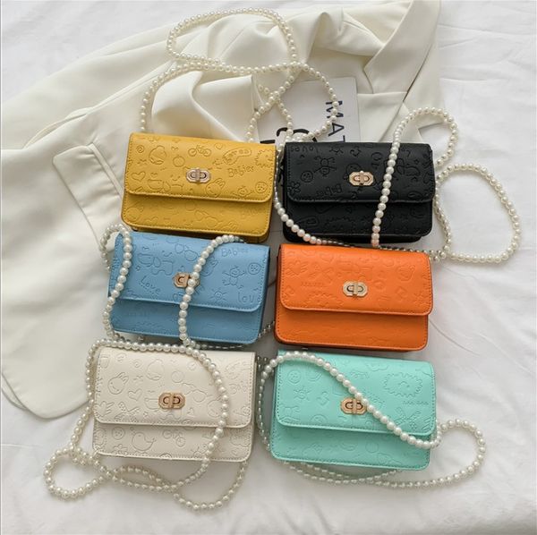 

2021 summer cute girl pearl handbags small square bag for kids fashion children cartoon all match one-shoulder crossbody bags f467, Black