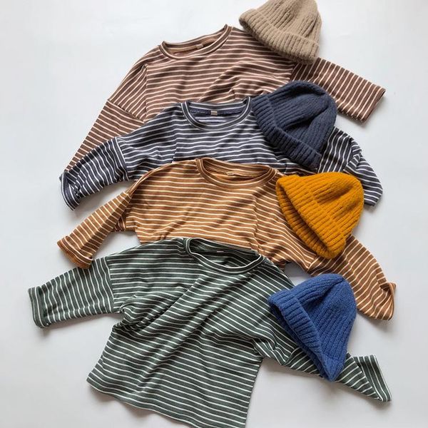 

yoga outfits korean children's cotton clothing 2021 summer baby short-sleeved t-shirt winter striped basic shirt, White;red