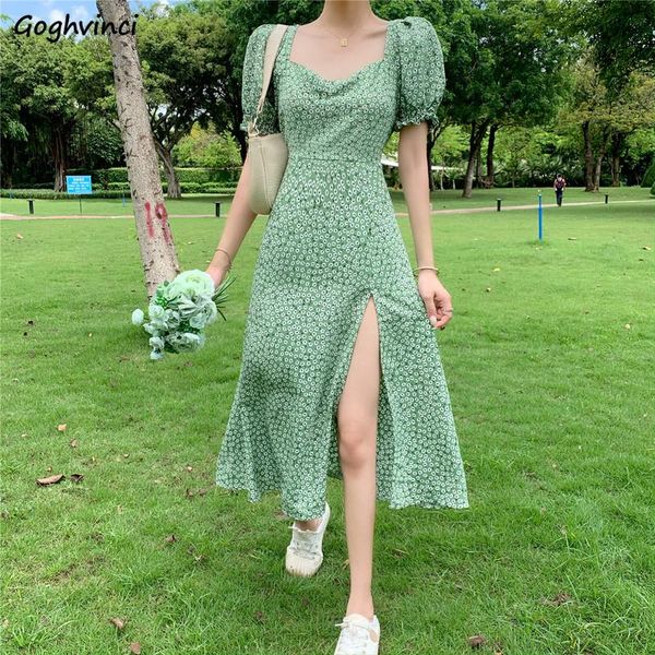 

casual dresses summer floral side-split vintage dress women gentle slim puff sleeve streetwear mori-girls square collar empire vestido, Black;gray