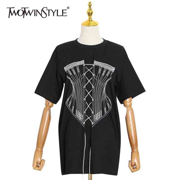 

cross bandage printed t shirt for women o neck short sleeve casual loose female fashion clothing summer 210524, White