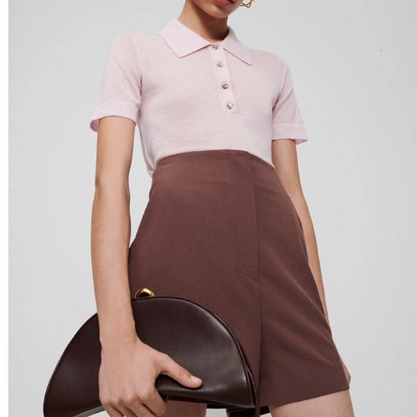 

t shirt women knitted t shirt ladies short sleeve turn-down collar wool tee female fashion knitwear t-shirts with buttons 2021, White