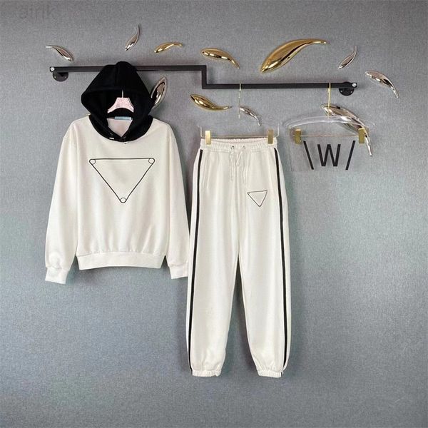 

women's two piece pants three-dimensional hooded tracksuit embroidered cotton hoodie side lace stitching elastic pants casual sports se, White
