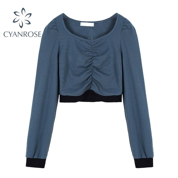 

crop spliced t shirt women spring summer square collar fashion tees female elegant draped long sleeve e-girl 210515, White
