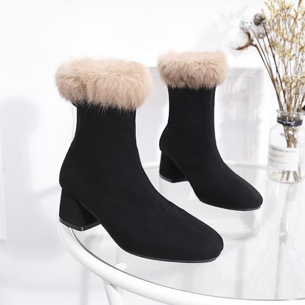 

boots women snow women's winter hair plus velvet shoes warm in the tube cotton, Black