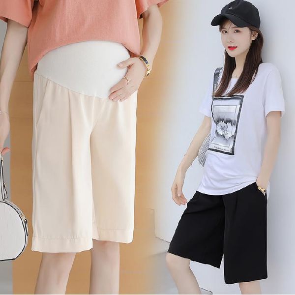 

maternity bottoms pregnant women knee-length belly suits pants summer straight loose tall waist wide-legged abdomen shorts trousers loos, White
