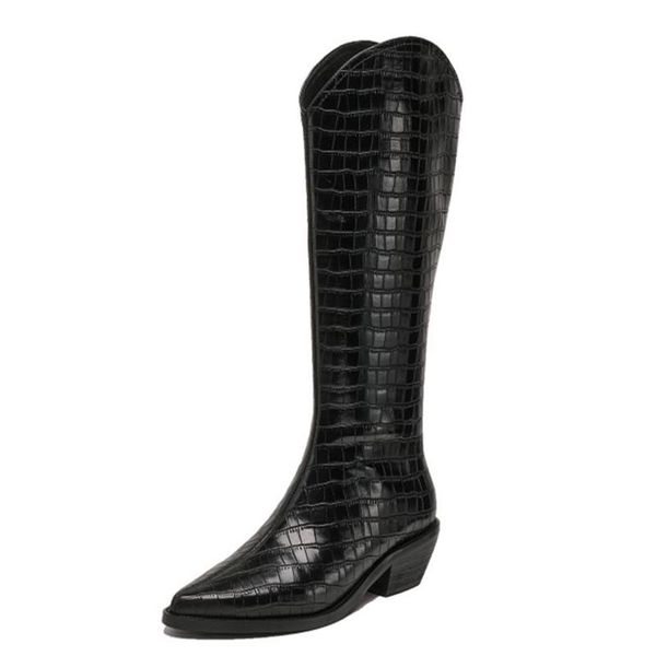 

boots fanyuan fashion knee high side zipper pointed tight autumn winter party office lady thick heels shoes woman, Black