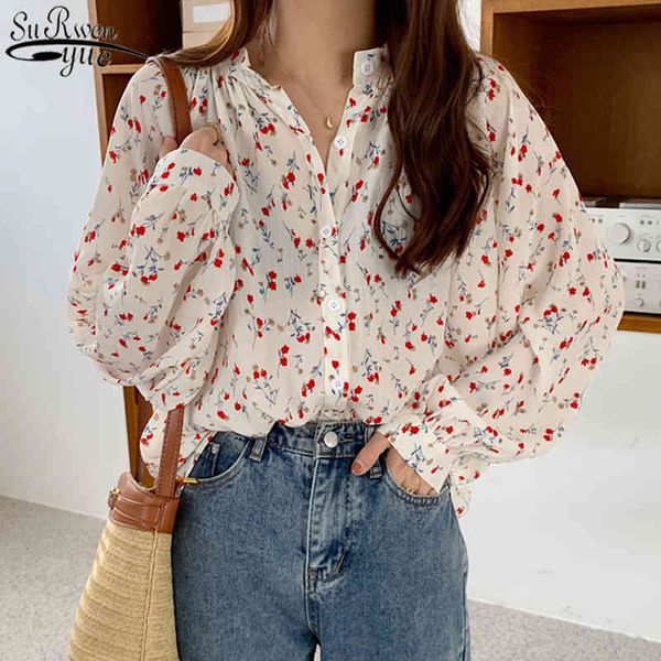 

printed long sleeve blouse woman korean style office lady woman's cardigan loose floral shirts blusas 10316 210427, White
