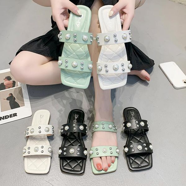 

slippers casual summer women's shoes low square toe string bead shale female beach pantofle slides luxury sabot 2021 soft flat r, Black