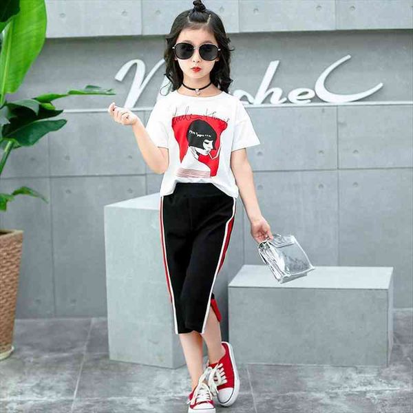

girls clothing sets teens kids clothes suit children short sleeve t shirt pants 4 14 ages, White