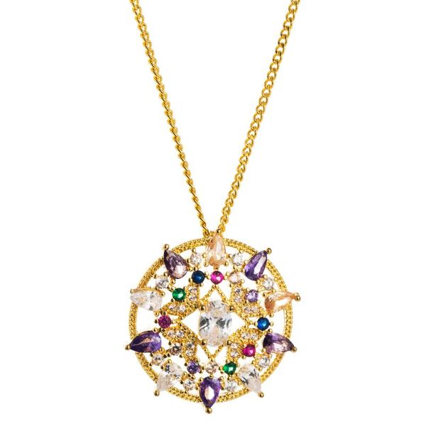 

pendant necklaces cz rainbow colorful zircon hollow copper necklace luxury gold color geometric big round choker, Silver