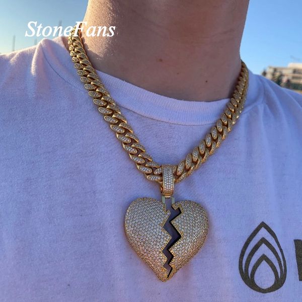 

stonefans men hip hop necklace cuban chain pendant necklace jewelry statement rhinestone broken heart necklace hiphop for women x0509, Black