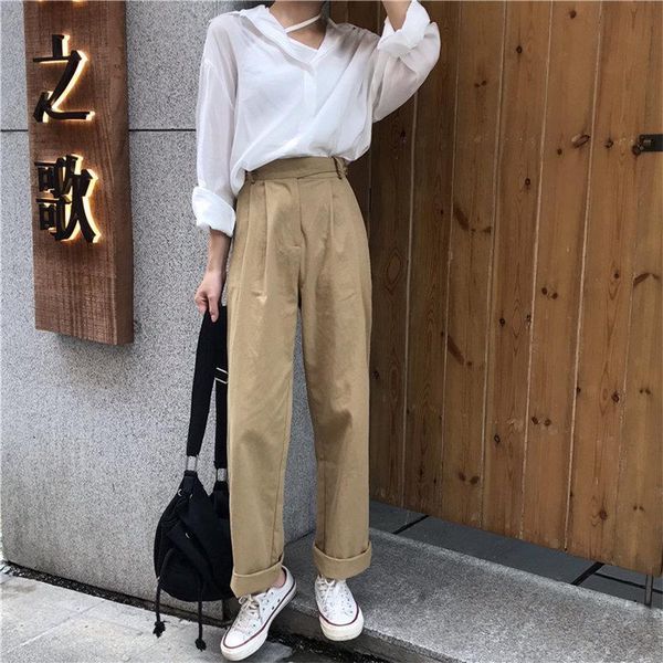 

fresh high street straight women capri loose summer waist solid casual simple full khaki plus trousers, Black;white